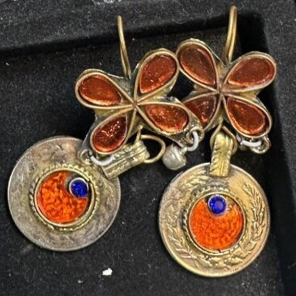 Orange Glass Stone Coins Earrings, Kuchi Floral Design Dangle Earrings, Bohemian - Picture 1 of 6